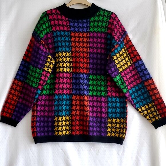 90s Fall Wool Sweater Women's Size Medium Multi-colour Houndstooth Cozy & Warm - Picture 1 of 9